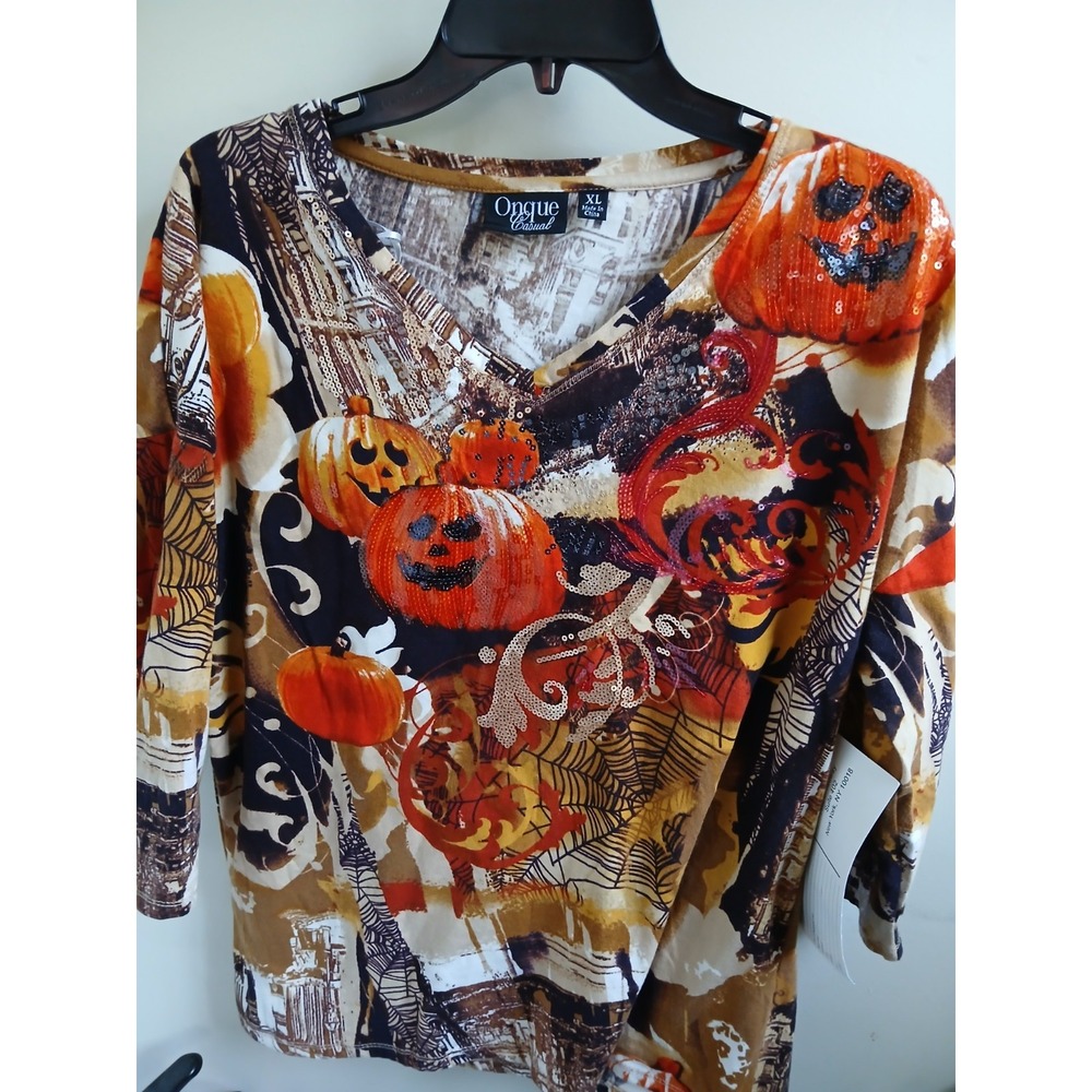 NWT Onque Casual Sequin Jack O Lantern pumpkin bling Halloween T-shirt Xl